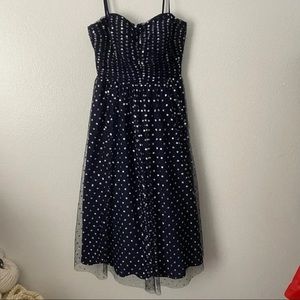 Navy Silver Glitter Polka Dot Tulle Cocktail Midi Dress